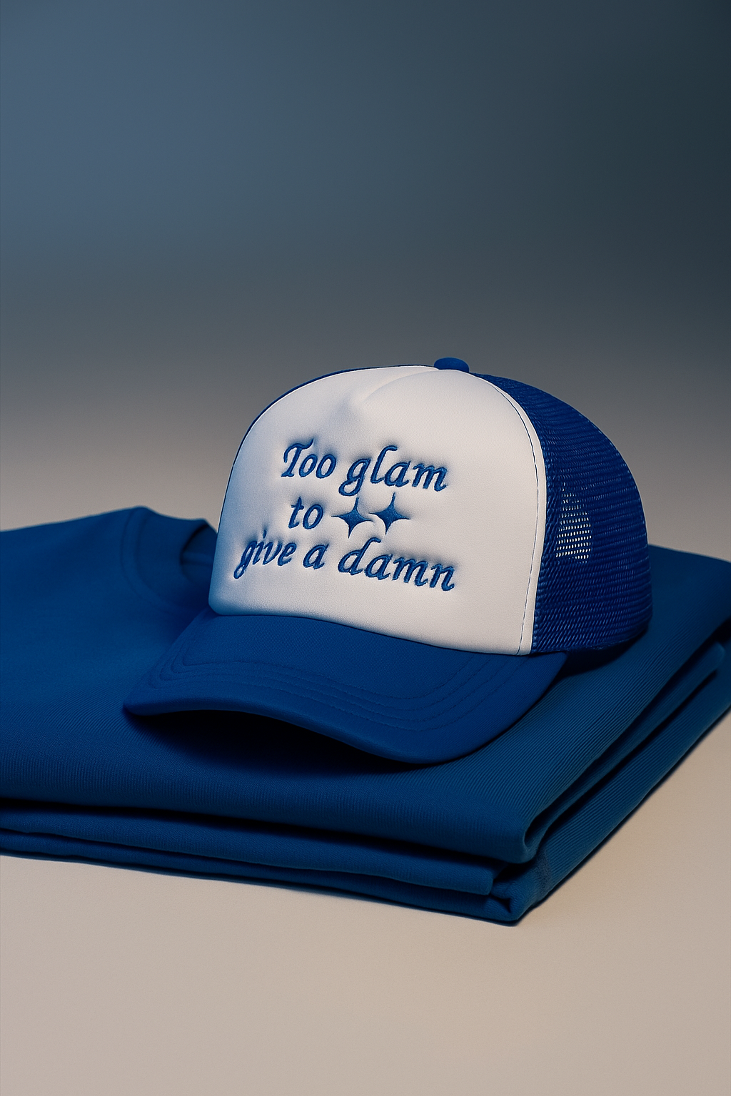 Too Glam To Give A Damn Trucker Cap ( Blue )